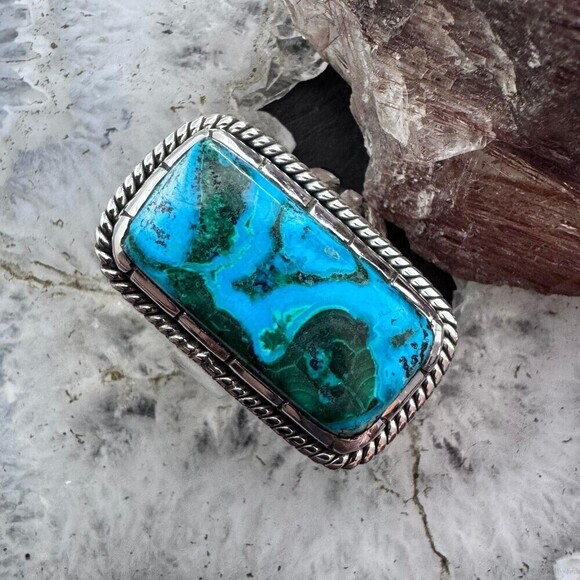 Sterling Southwestern Style Elongated Rectangle Malachite Azurite Ring Size 10
